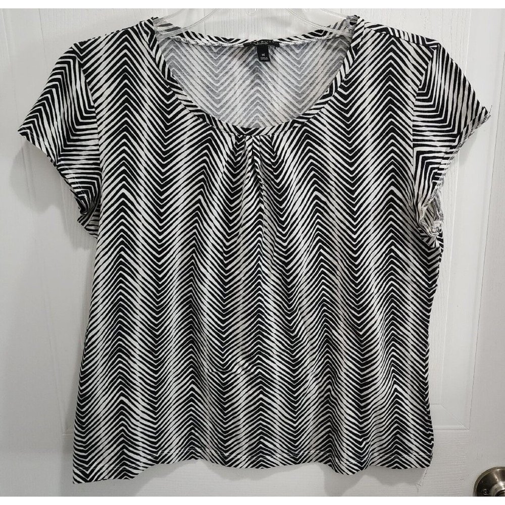 Talbots Women's Short Sleeve T Shirt Top Pleated Neck Black White Chevron Sz M